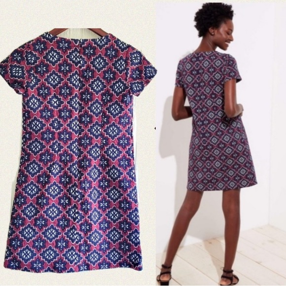 LOFT Jacquard Shift Dress. Navy - Burgundy Textured Fabric. EUC - Picture 8 of 10